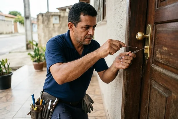 Chaveiro abrindo uma porta com ferramentas apropriadas em Castanhal.
